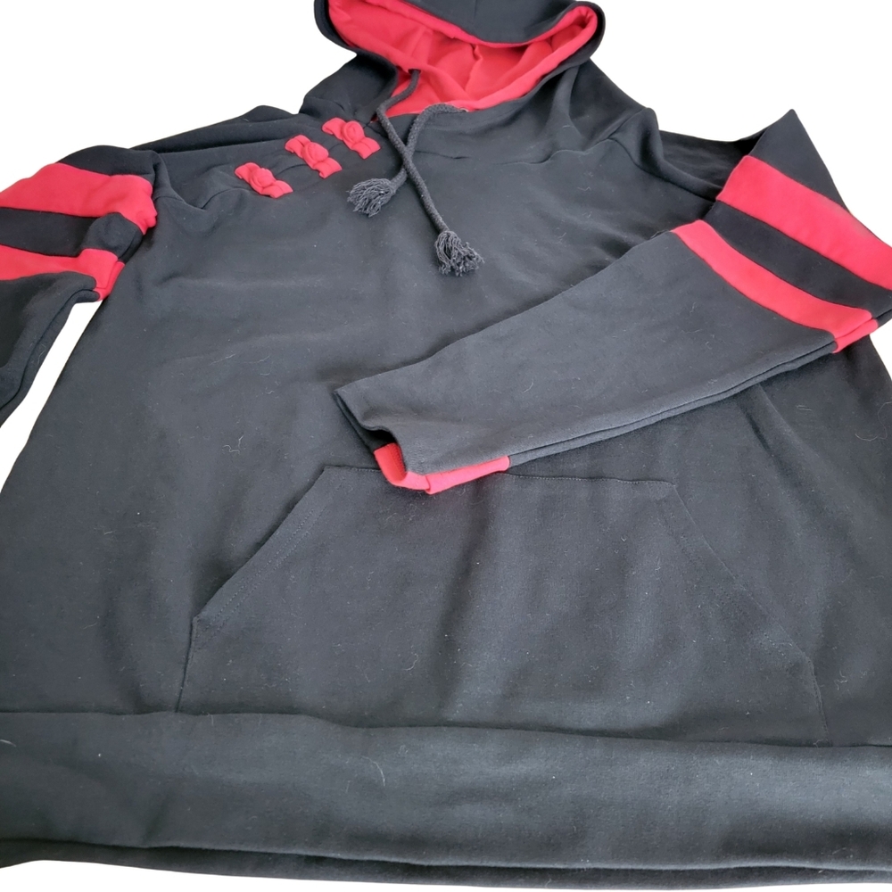 Womens Hoodie Black With Red Details Slim Fit Double Hood Fits Sz 1X/2X - Picture 3 of 14